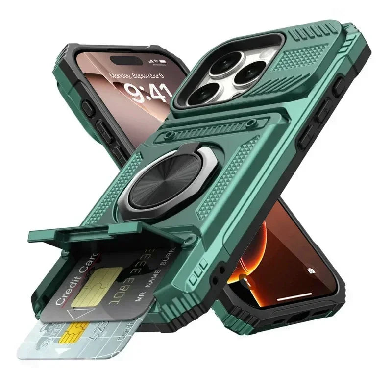 Card Slot Bag Shockproof Holder Phone Case For iPhone 18 17 13 Pro Max Air Magnetic Armor Kickstand Case For 16 15 14 Plus Cover