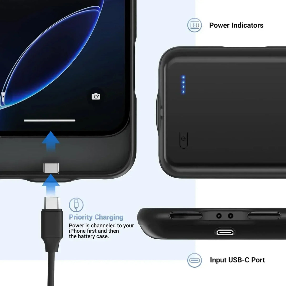 10000mah Rechargeable iPhone Battery Case with LED Power Indicators